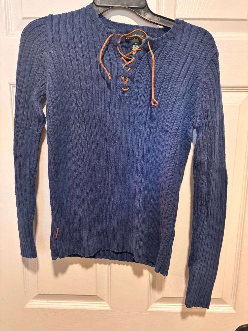 Lauren Ralph Lauren Blue Ribbed V-Neck Lace-Up Sweater with Tan Cord